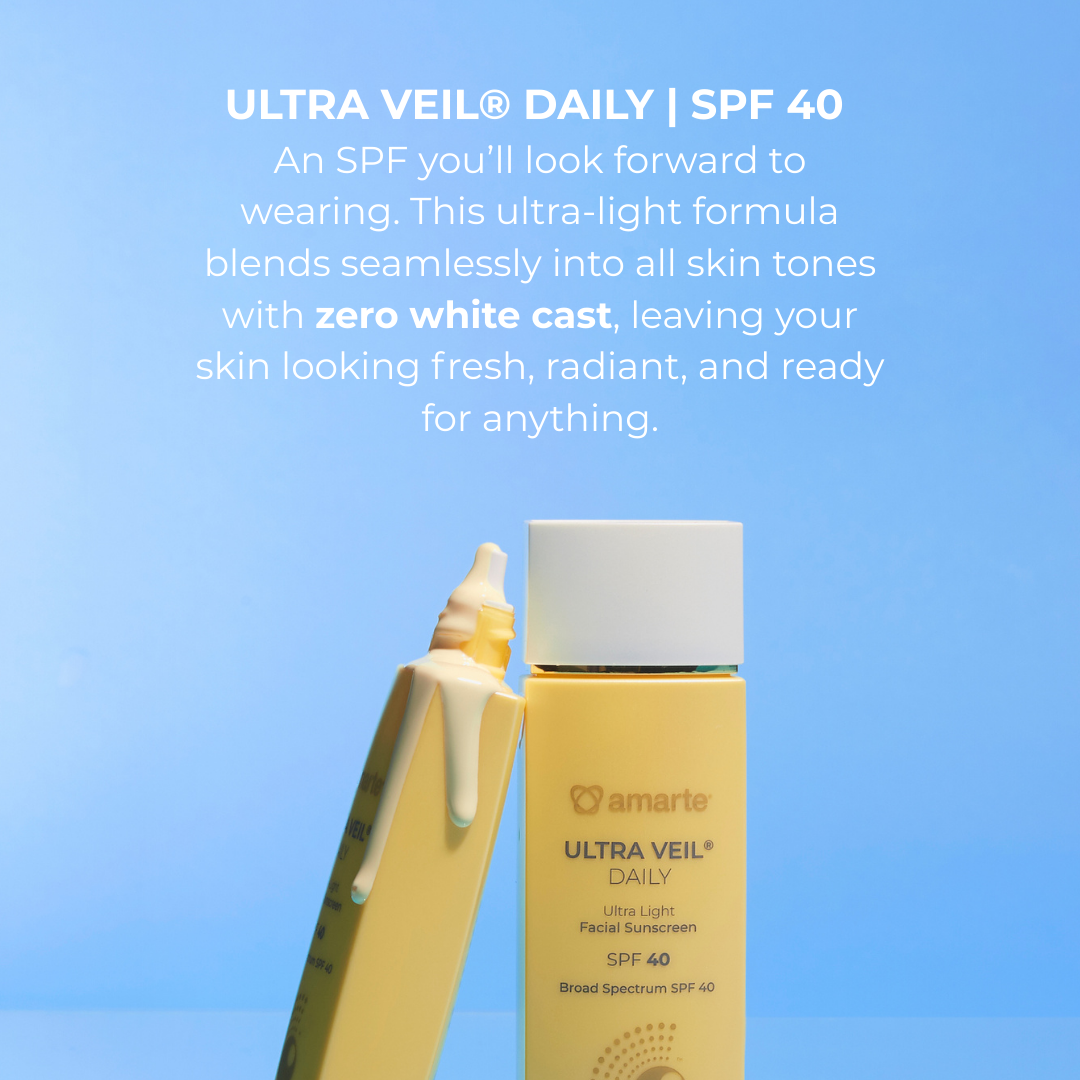 Amarte Ultra Veil Daily SPF 40 sunscreen bottle and applicator on a blue background